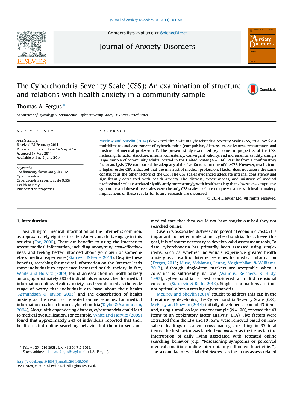 The Cyberchondria Severity Scale (CSS): An examination of structure and relations with health anxiety in a community sample