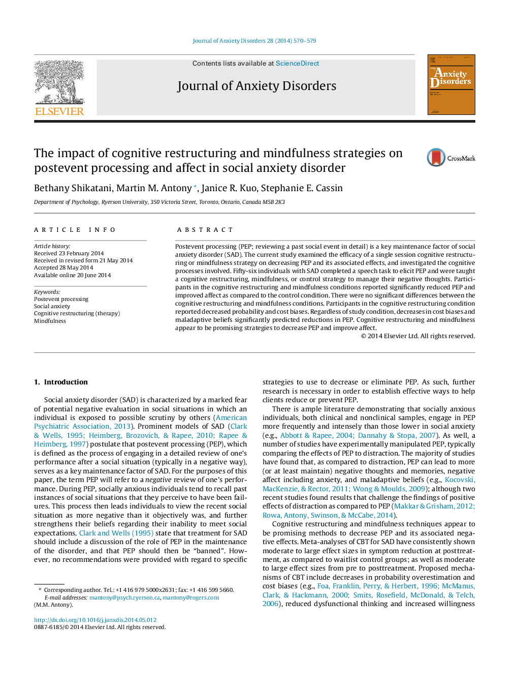 The impact of cognitive restructuring and mindfulness strategies on postevent processing and affect in social anxiety disorder