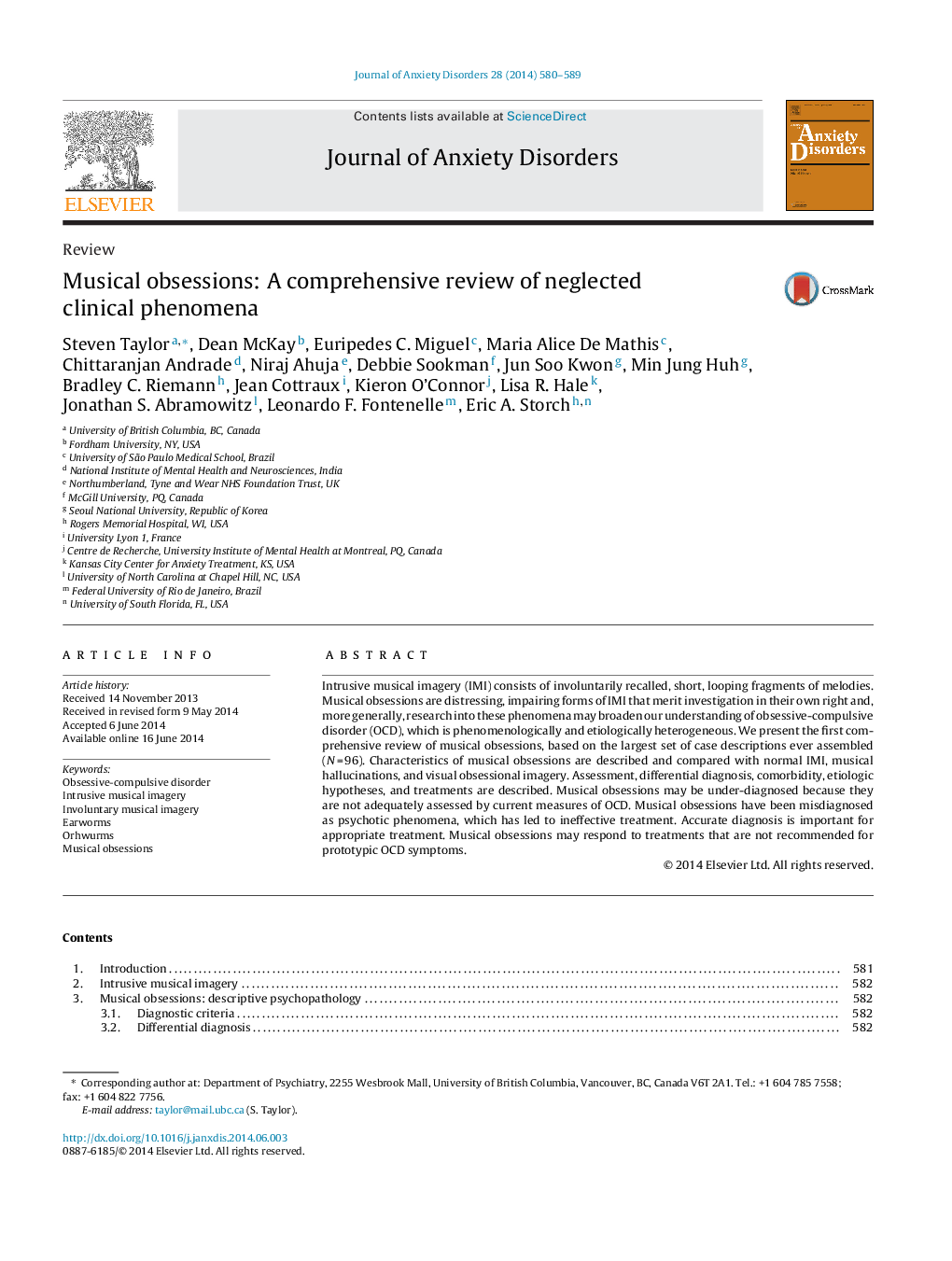 Musical obsessions: A comprehensive review of neglected clinical phenomena