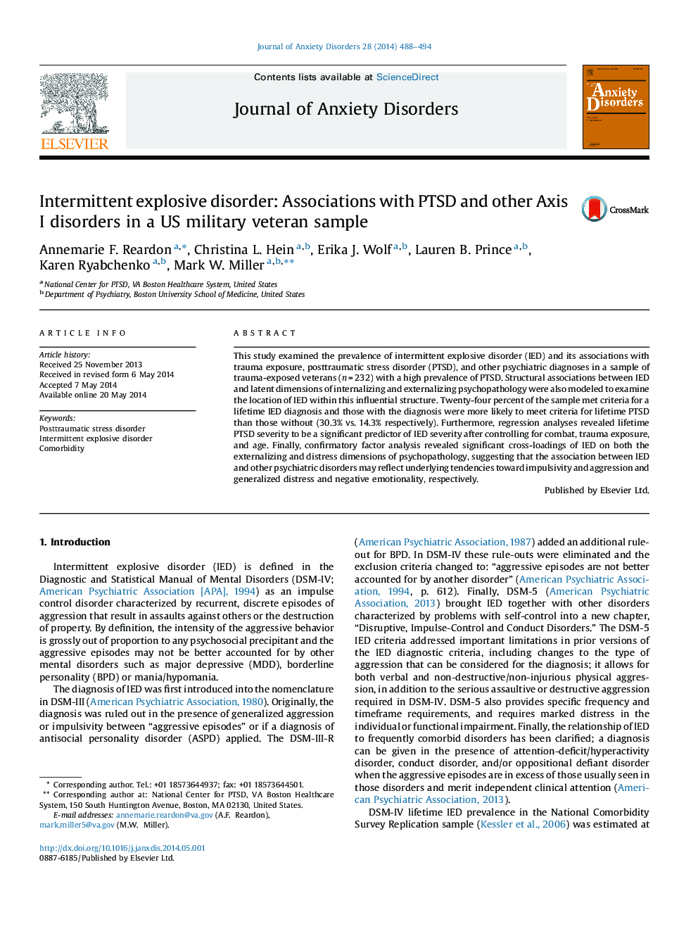 Intermittent explosive disorder: Associations with PTSD and other Axis I disorders in a US military veteran sample