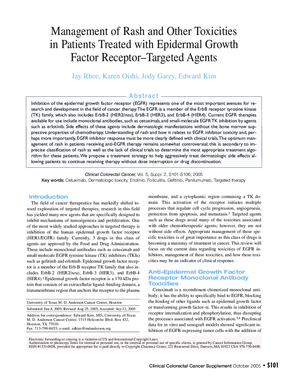 Management of Rash and Other Toxicities in Patients Treated with Epidermal Growth Factor Receptor-Targeted Agents