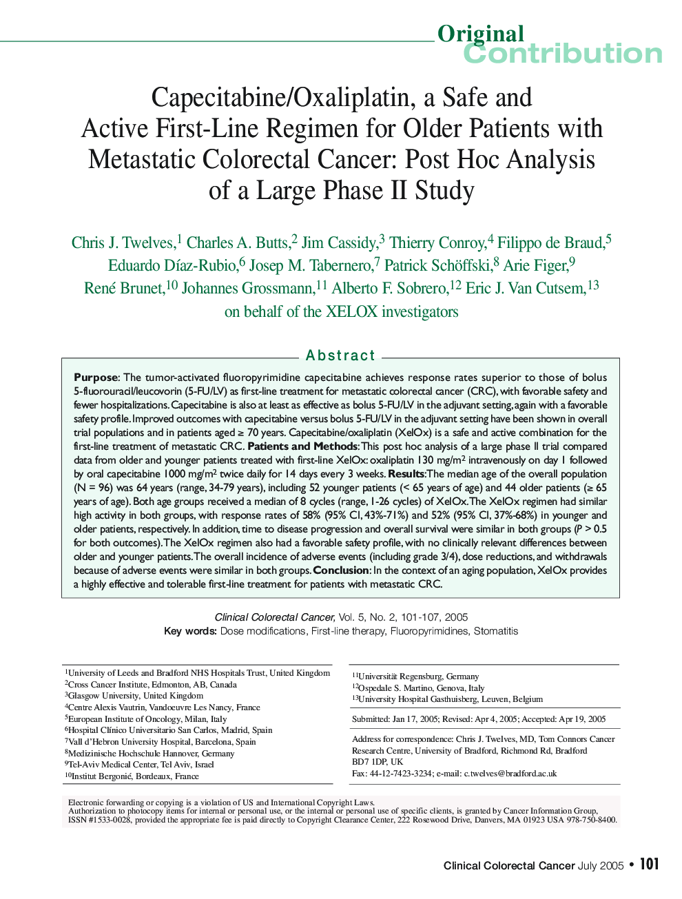 Capecitabine/Oxaliplatin, a Safe and Active First-Line Regimen for Older Patients Metastatic Colorectal Cancer: Post Hoc Analysis of a Large Phase II Study