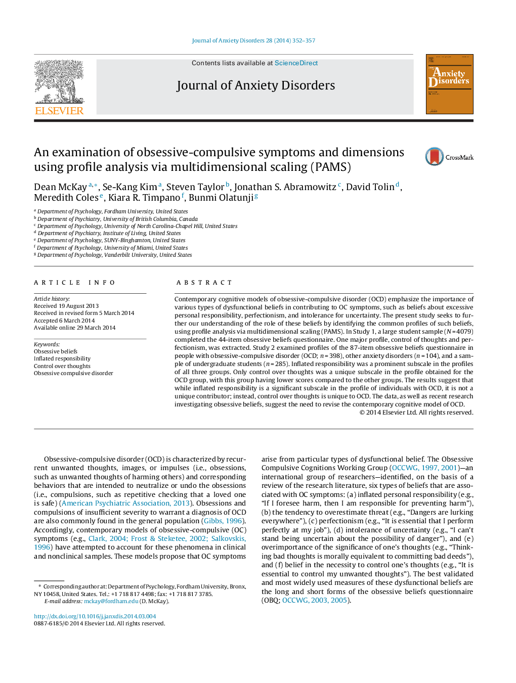 An examination of obsessive-compulsive symptoms and dimensions using profile analysis via multidimensional scaling (PAMS)