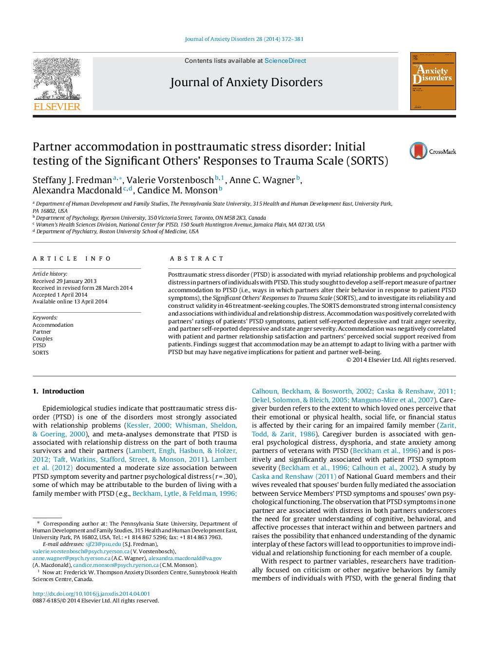 Partner accommodation in posttraumatic stress disorder: Initial testing of the Significant Others’ Responses to Trauma Scale (SORTS)