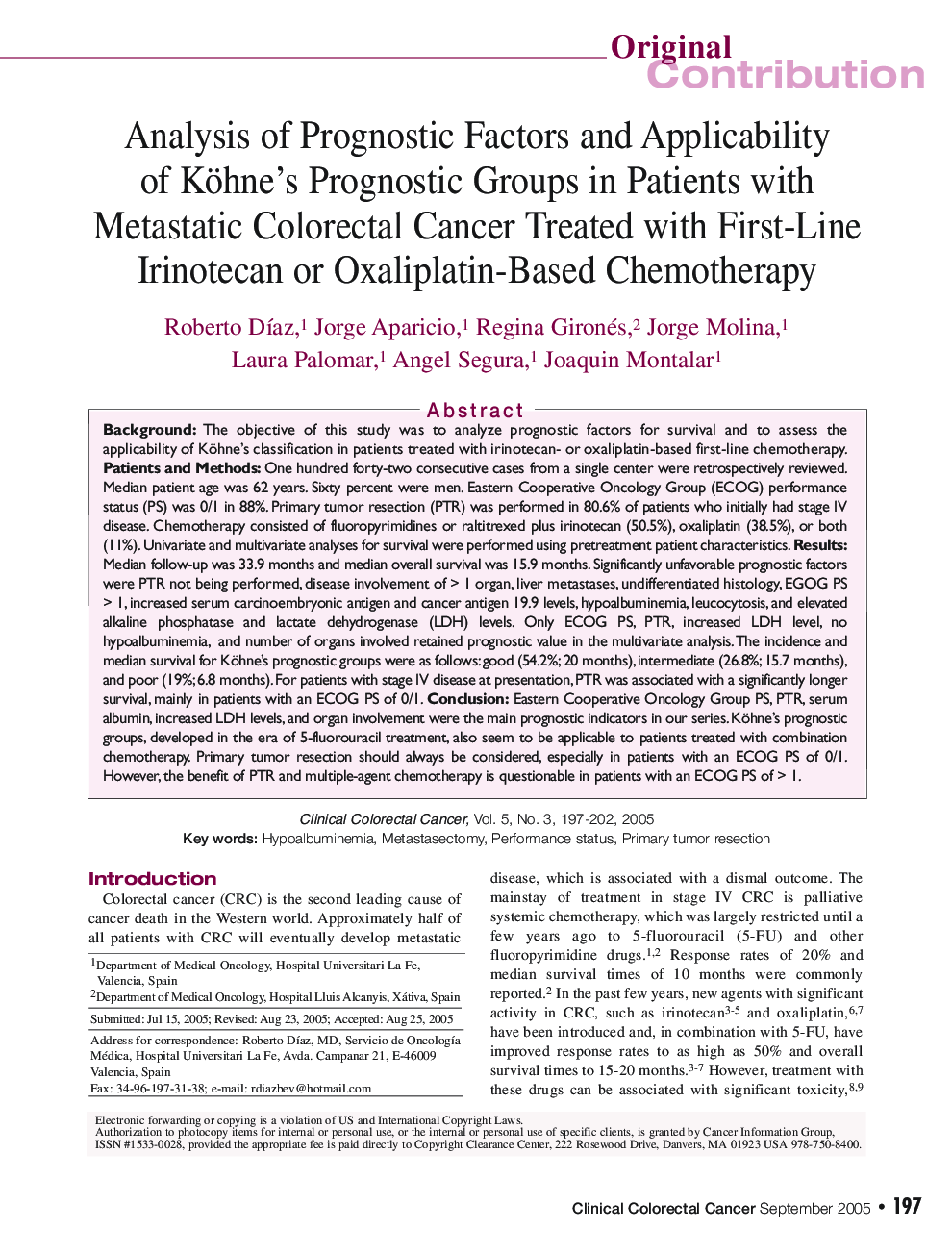 Analysis of Prognostic Factors and Applicability of Köhne's Prognostic Groups in Patients with Metastatic Colorectal Cancer Treated with First-Line Irinotecan or Oxaliplatin-Based Chemotherapy
