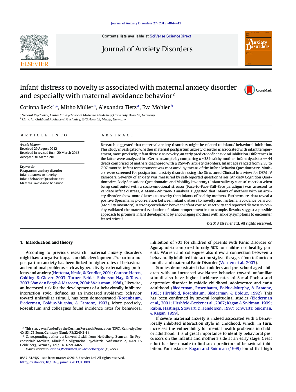 عکس صفحه اول مقاله: Infant distress to novelty is associated with maternal anxiety disorder and especially with maternal avoidance behavior Infant distress to novelty is associated with maternal anxiety disorder and especially with maternal avoidance behavior