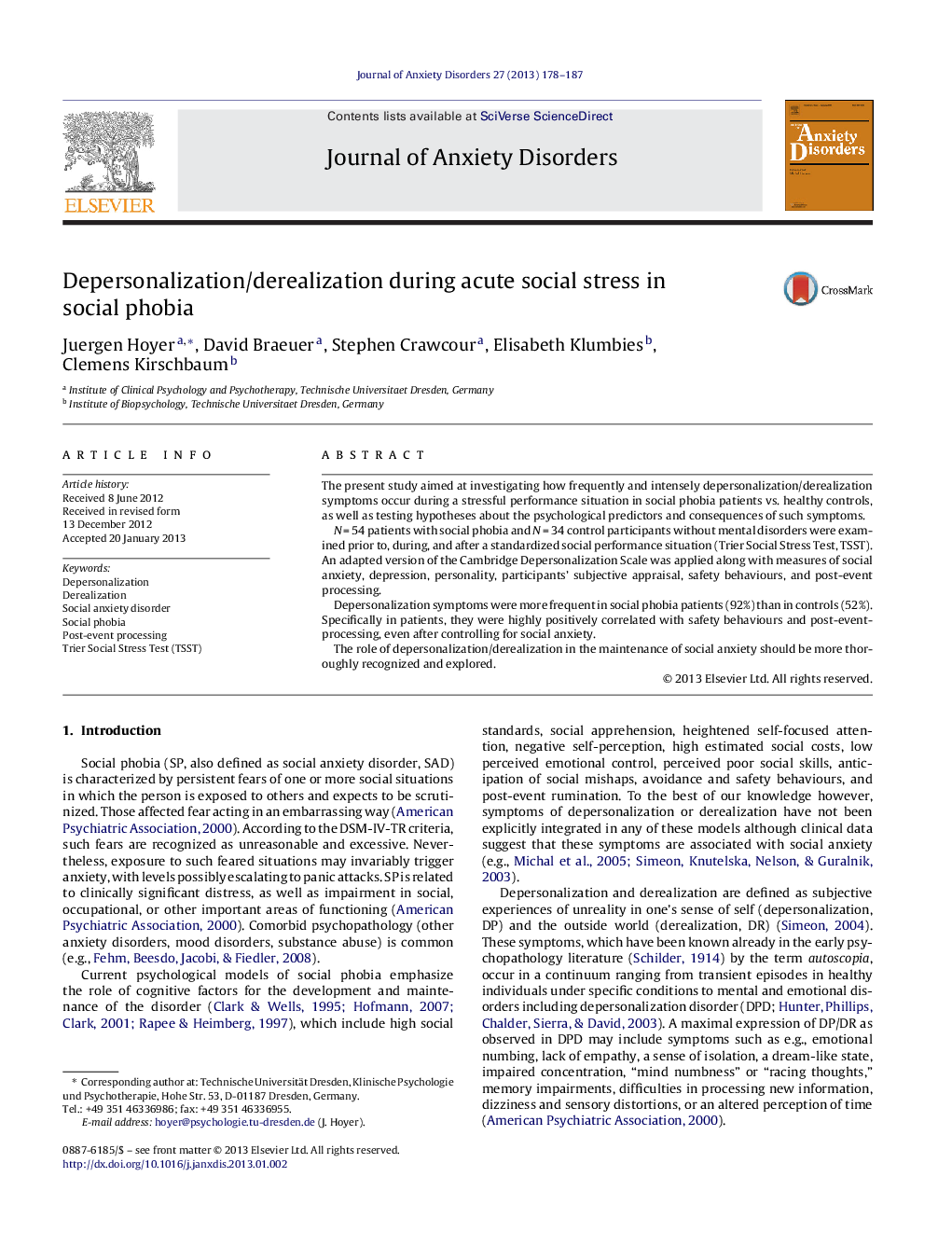 Depersonalization/derealization during acute social stress in social phobia