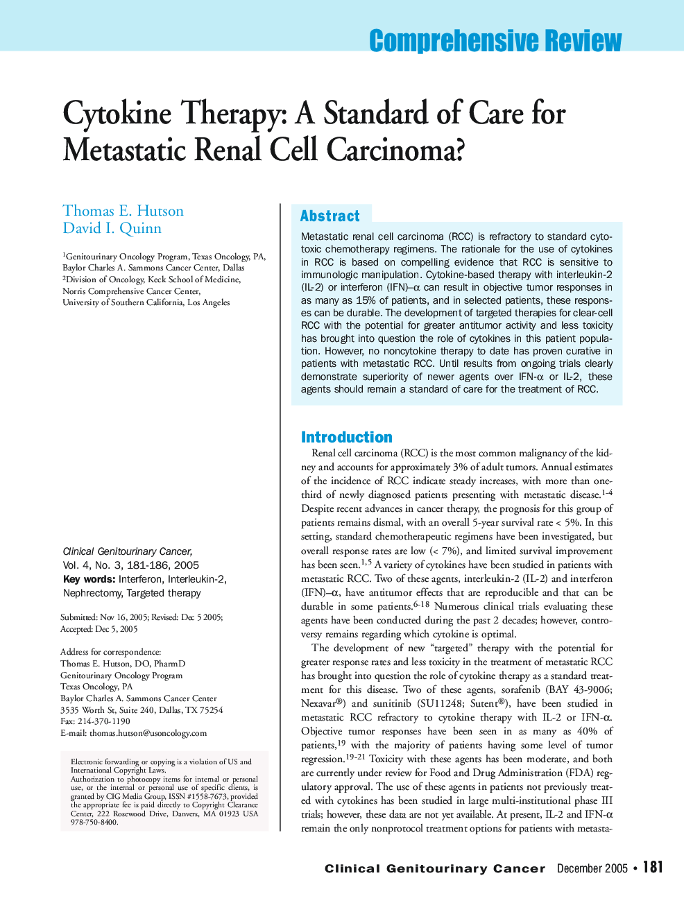 Cytokine Therapy: A Standard of Care for Metastatic Renal Cell Carcinoma?