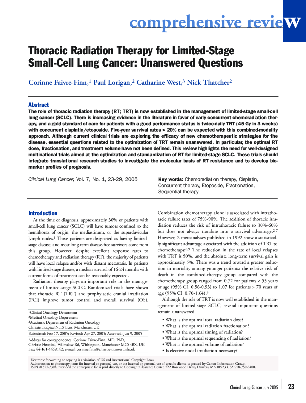 Thoracic Radiation Therapy for Limited-Stage Small-Cell Lung Cancer: Unanswered Questions