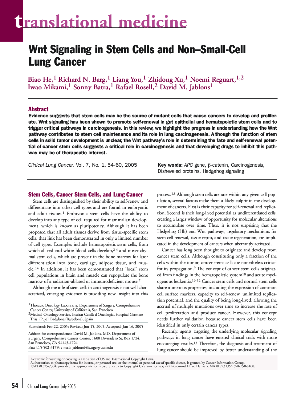 Wnt Signaling in Stem Cells and Non-Small-Cell Lung Cancer