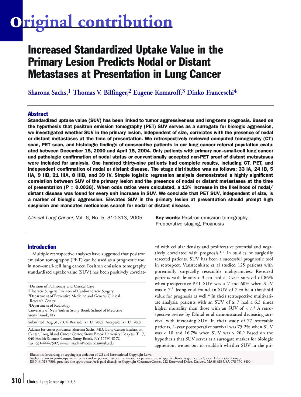 Increased Standardized Uptake Value in the Primary Lesion Predicts Nodal or Distant Metastases at Presentation in Lung Cancer