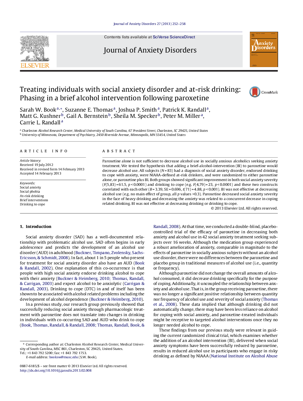 Treating individuals with social anxiety disorder and at-risk drinking: Phasing in a brief alcohol intervention following paroxetine