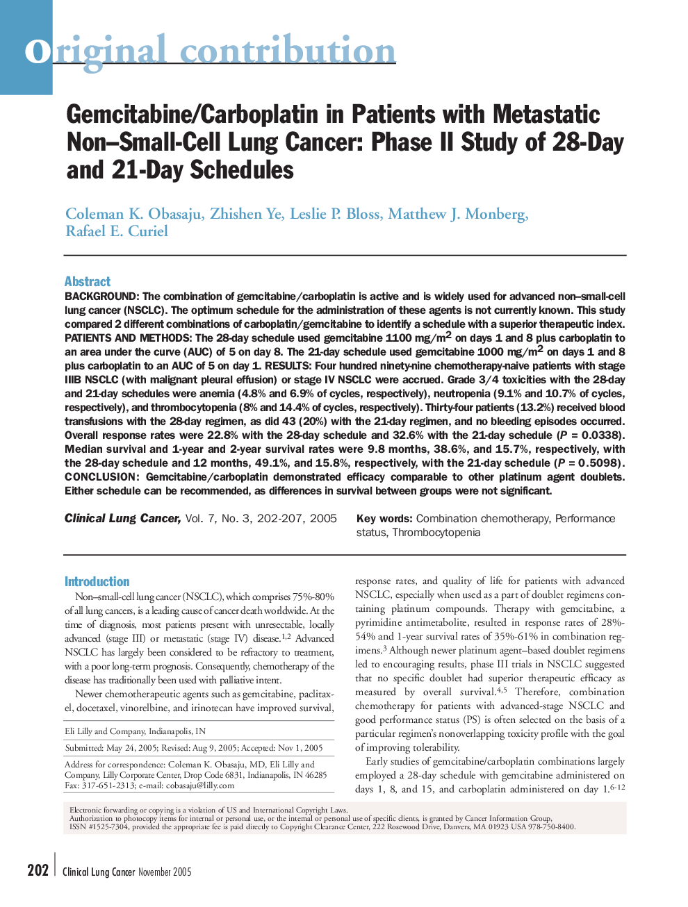 Gemcitabine/Carboplatin in Patients with Metastatic Non-Small-Cell Lung Cancer: Phase II Study of 28-Day and 21-Day Schedules