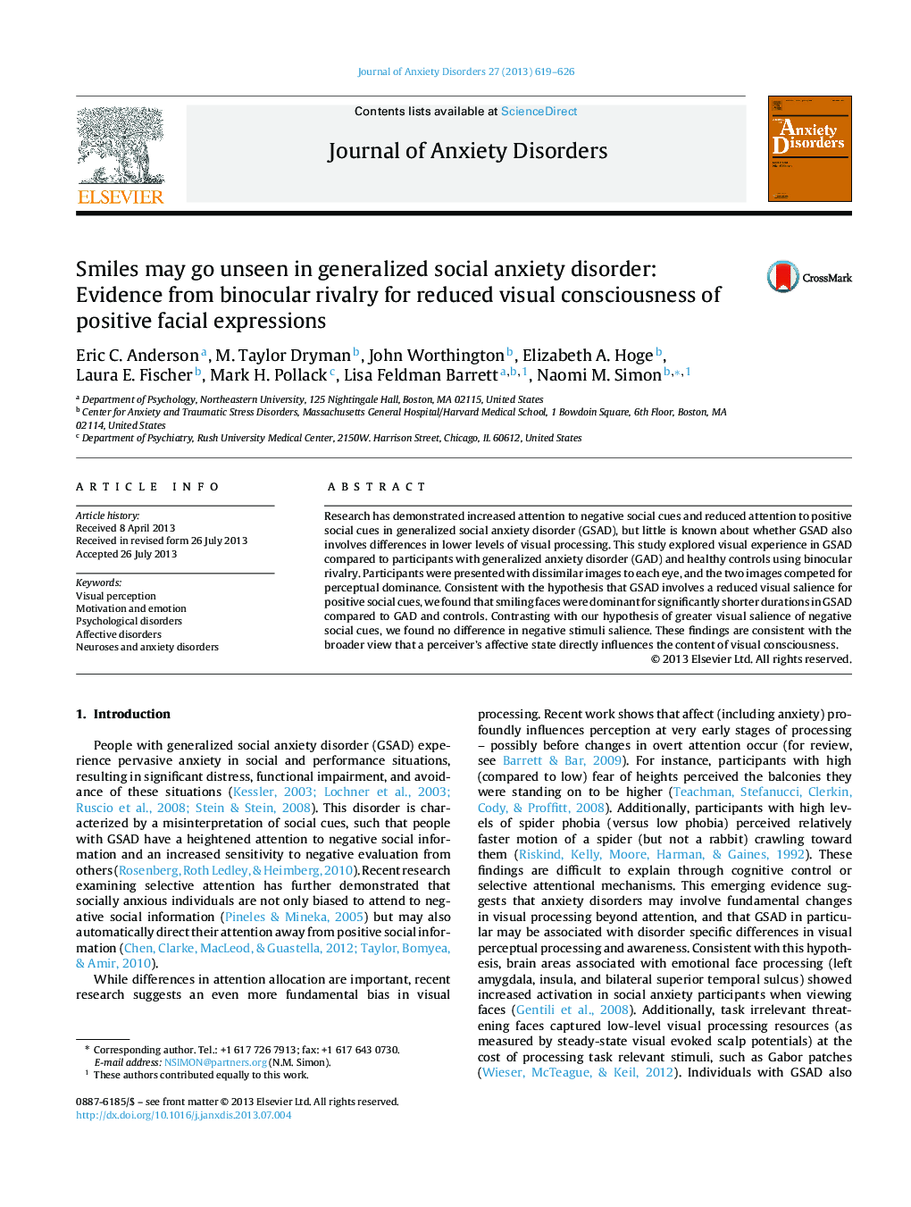 Smiles may go unseen in generalized social anxiety disorder: Evidence from binocular rivalry for reduced visual consciousness of positive facial expressions