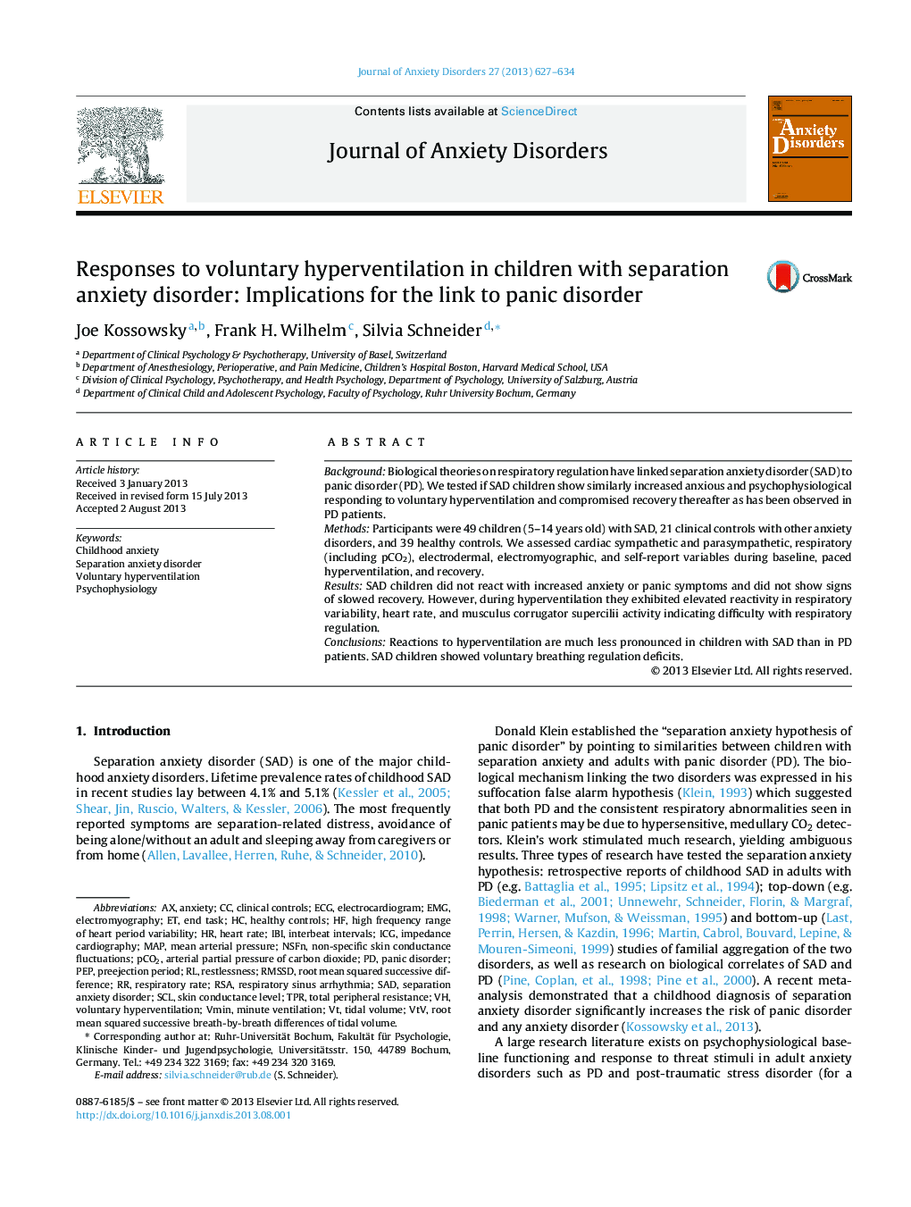 Responses to voluntary hyperventilation in children with separation anxiety disorder: Implications for the link to panic disorder