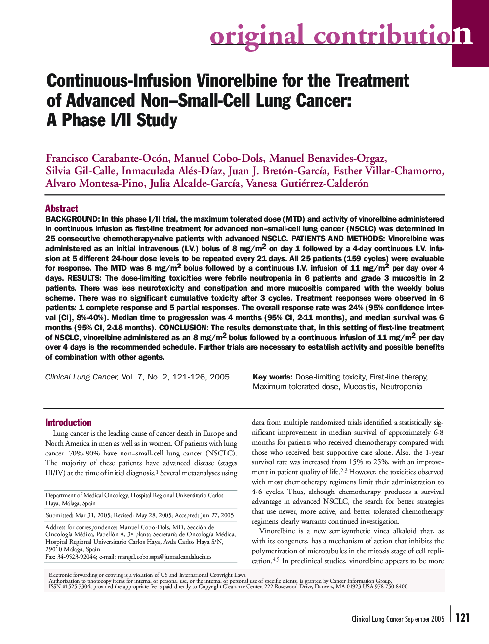 Continuous-Infusion Vinorelbine for the Treatment of Advanced Non-Small-Cell Lung Cancer: A Phase I/II Study