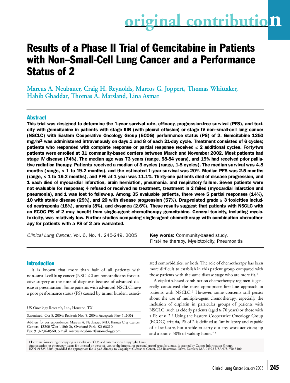 Results of a Phase II Trial of Gemcitabine in Patients with Non-Small-Cell Lung Cancer and a Performance Status of 2