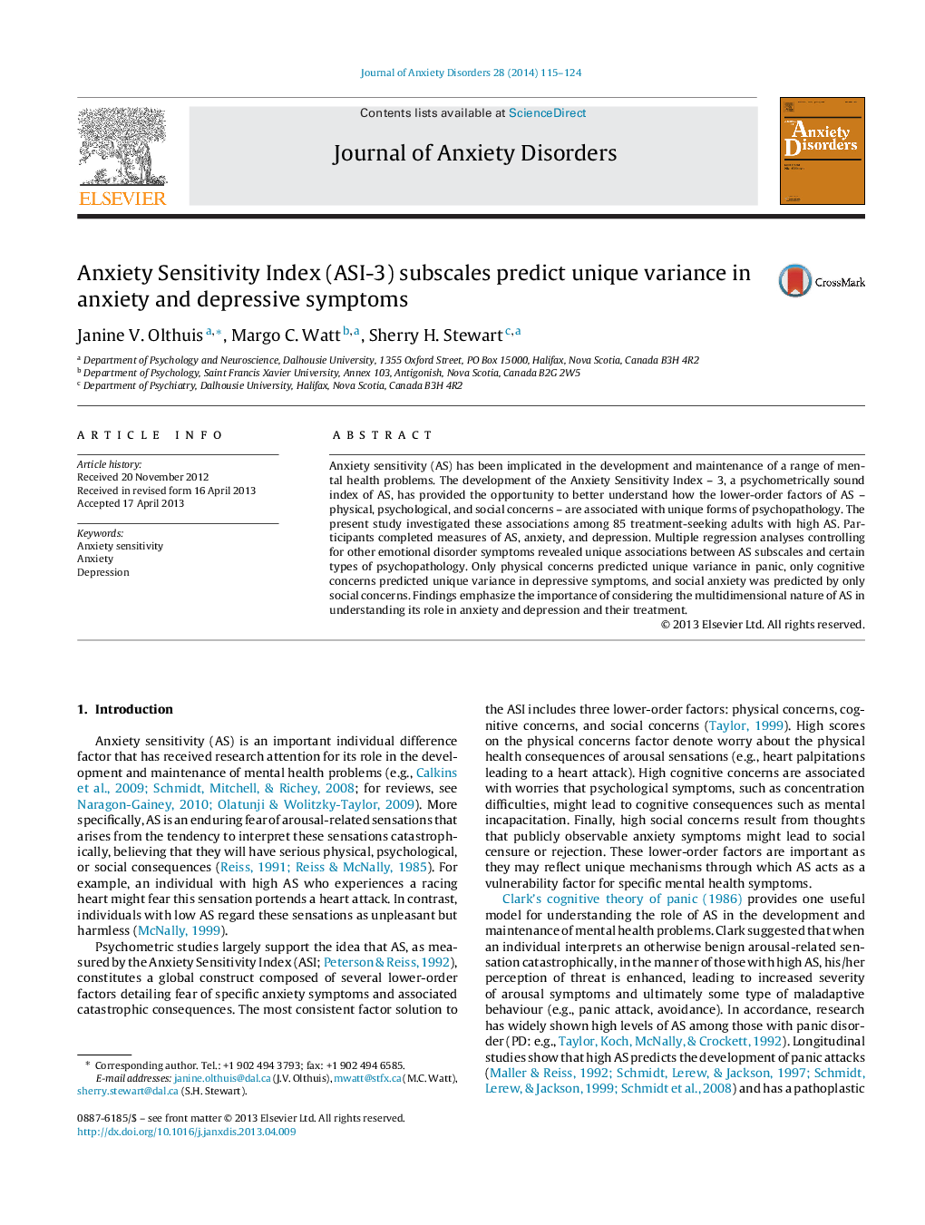 Anxiety Sensitivity Index (ASI-3) subscales predict unique variance in anxiety and depressive symptoms