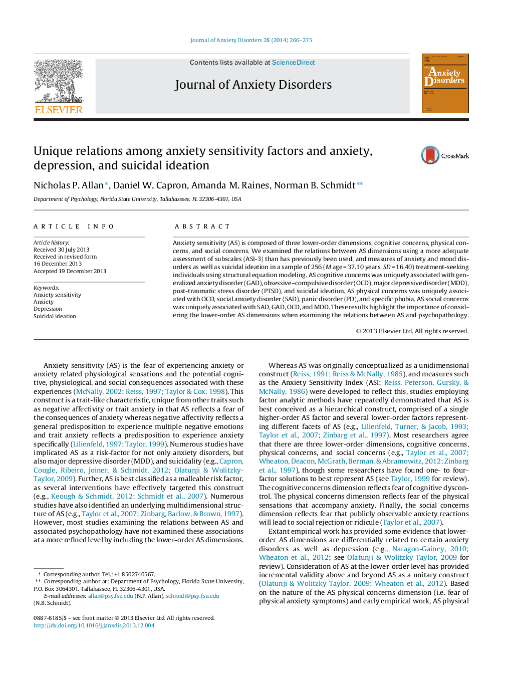 Unique relations among anxiety sensitivity factors and anxiety, depression, and suicidal ideation