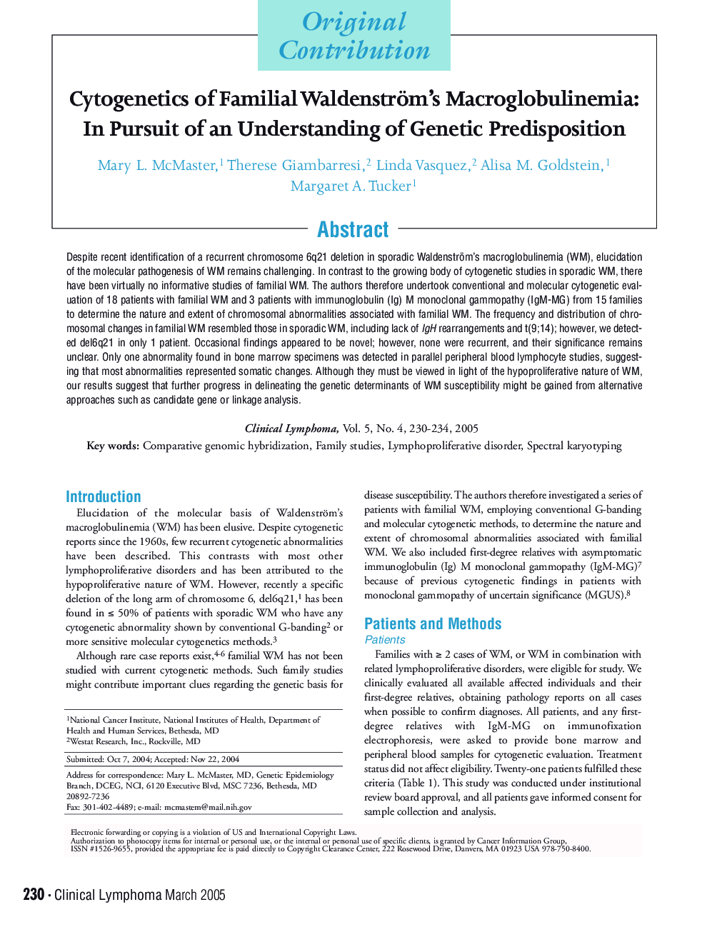 Cytogenetics of Familial Waldenström's Macroglobulinemia: In Pursuit of an Understanding of Genetic Predisposition