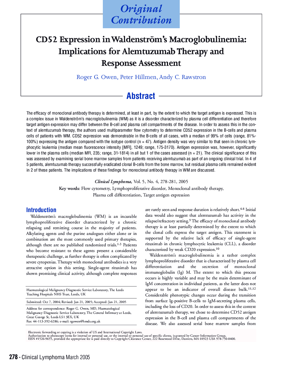 CD52 Expression in Waldenström's Macroglobulinemia: Implications for Alemtuzumab Therapy and Response Assessment