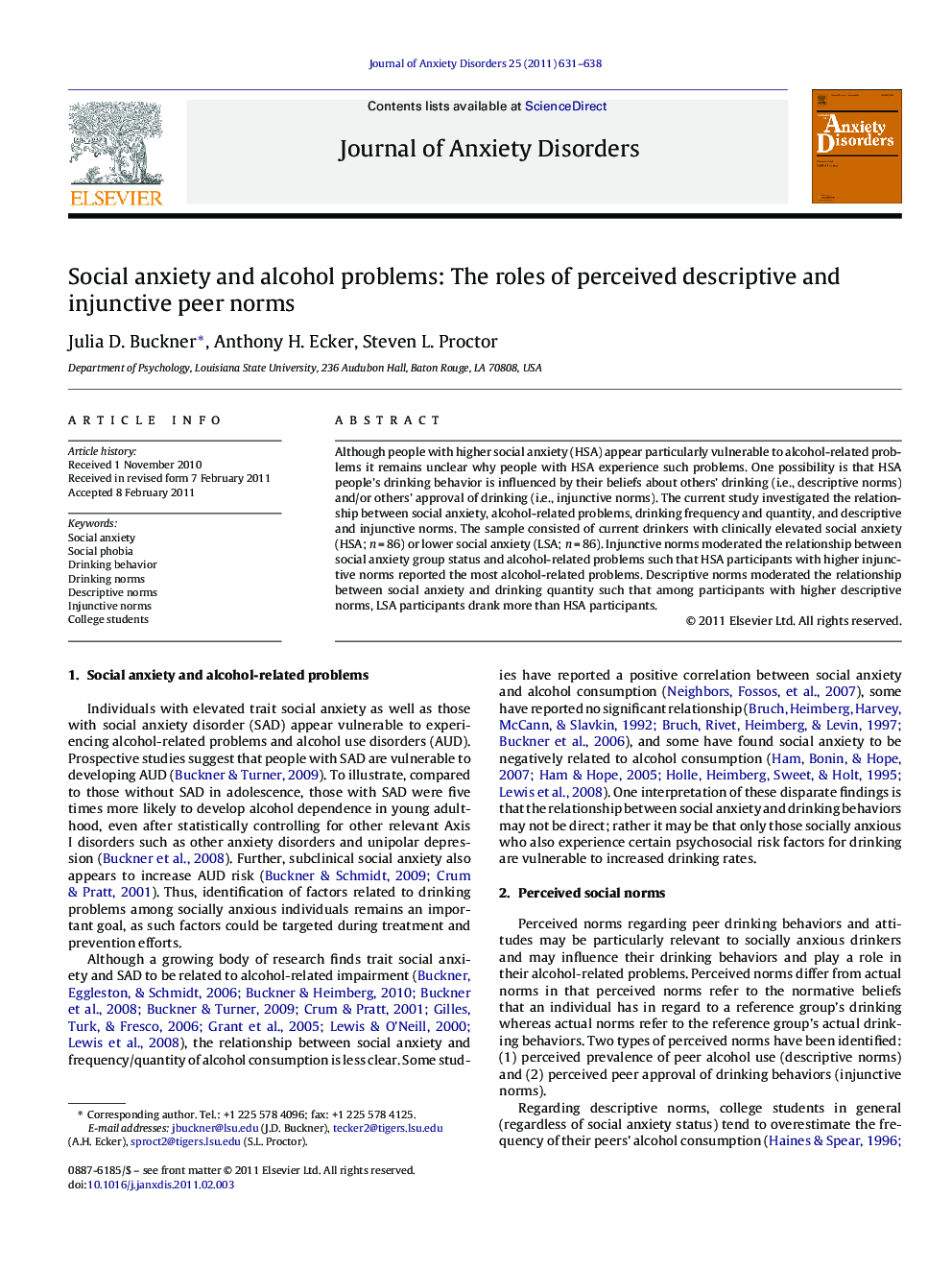 Social anxiety and alcohol problems: The roles of perceived descriptive and injunctive peer norms