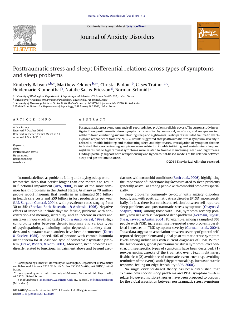 Posttraumatic stress and sleep: Differential relations across types of symptoms and sleep problems