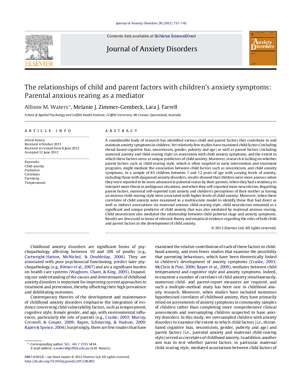 The relationships of child and parent factors with children's anxiety symptoms: Parental anxious rearing as a mediator