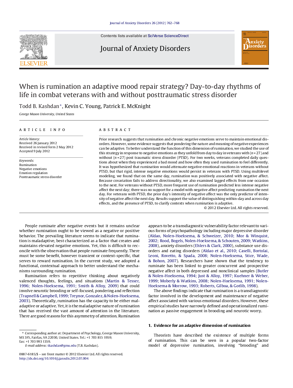 When is rumination an adaptive mood repair strategy? Day-to-day rhythms of life in combat veterans with and without posttraumatic stress disorder