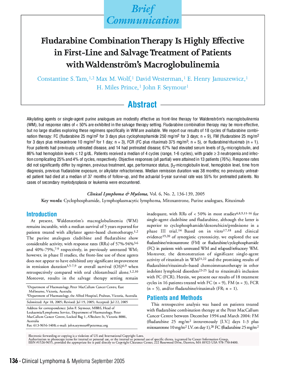 Fludarabine Combination Therapy Is Highly Effective in First-Line and Salvage Treatment of Patients with Waldenström's Macroglobulinemia