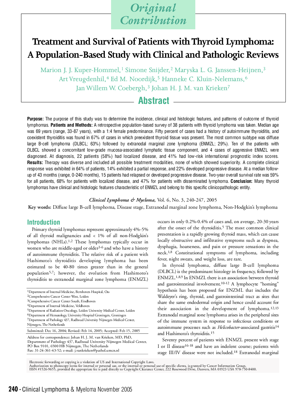 Treatment and Survival of Patients with Thyroid Lymphoma: A Population-Based Study with Clinical and Pathologic Reviews