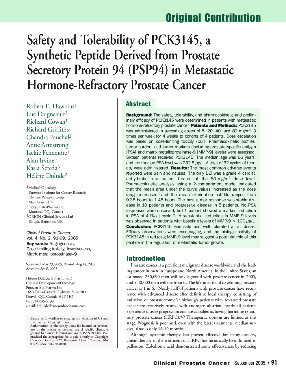 Safety and Tolerability of PCK3145, a Synthetic Peptide Derived from Prostate Secretory Protein 94 (PSP94) in Metastatic Hormone-Refractory Prostate Cancer