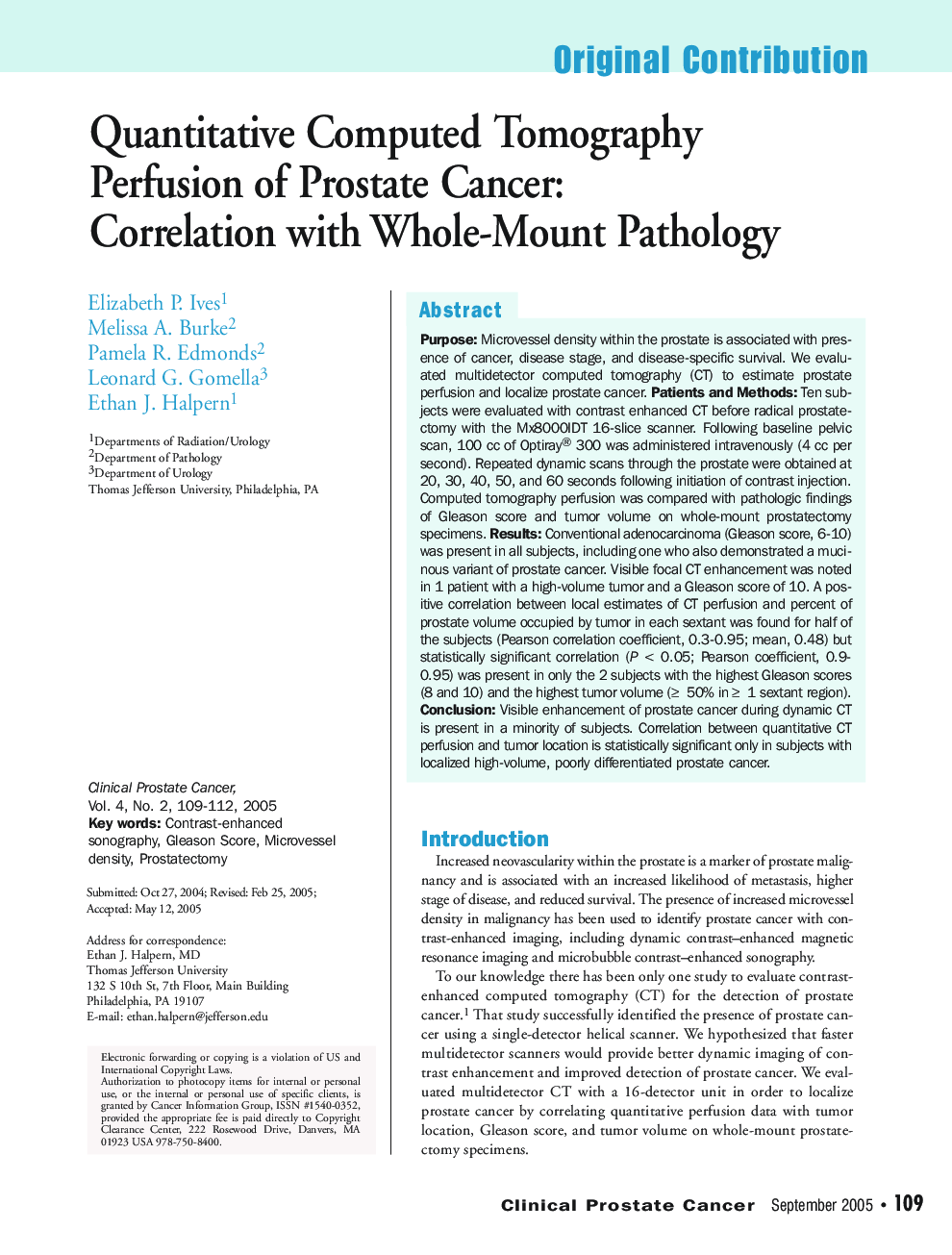 Quantitative Computed Tomography Perfusion of Prostate Cancer: Correlation with Whole-Mount Pathology