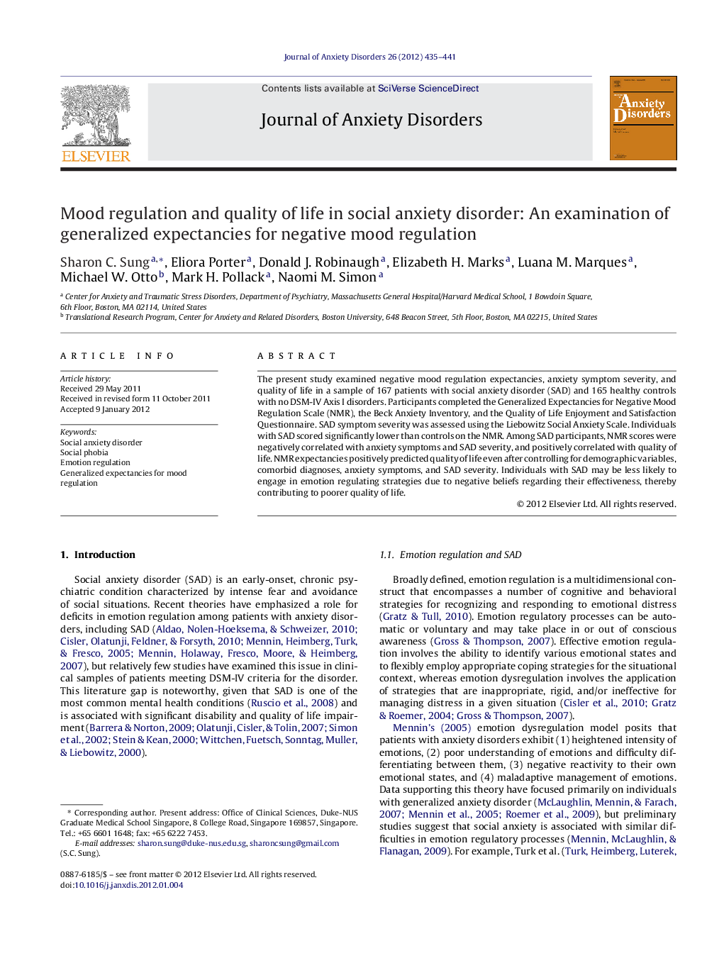 Mood regulation and quality of life in social anxiety disorder: An examination of generalized expectancies for negative mood regulation