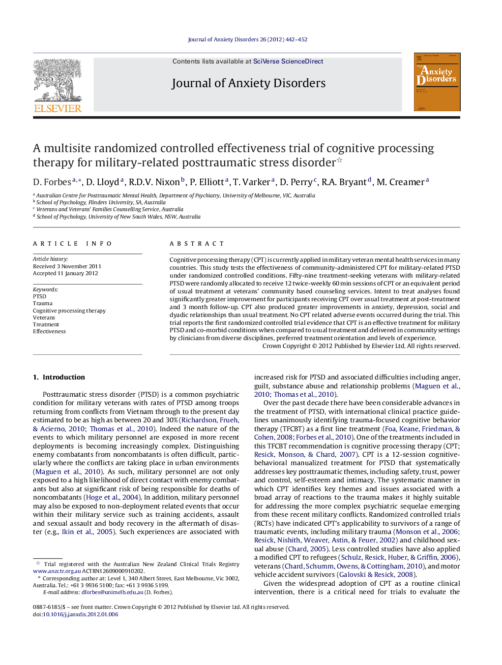 A multisite randomized controlled effectiveness trial of cognitive processing therapy for military-related posttraumatic stress disorder 