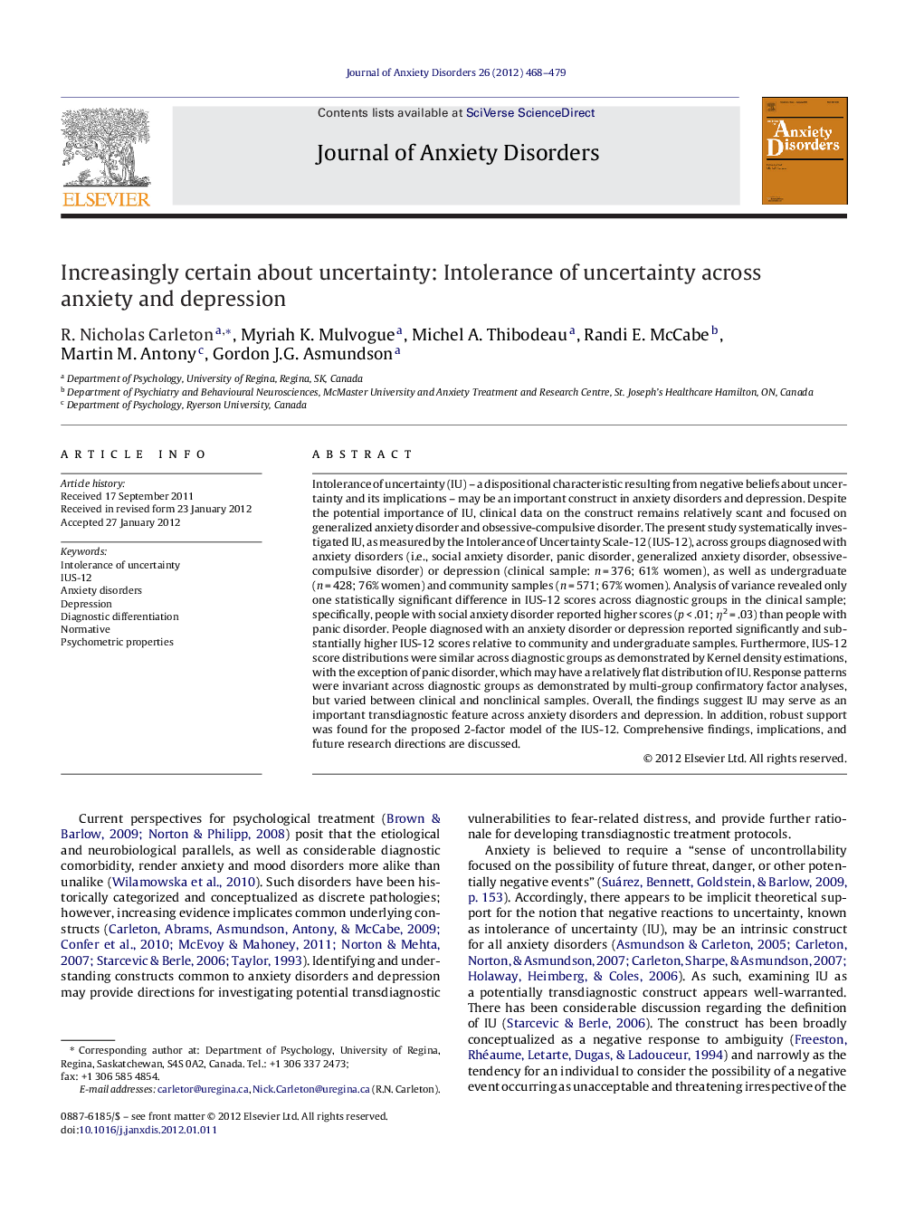 Increasingly certain about uncertainty: Intolerance of uncertainty across anxiety and depression