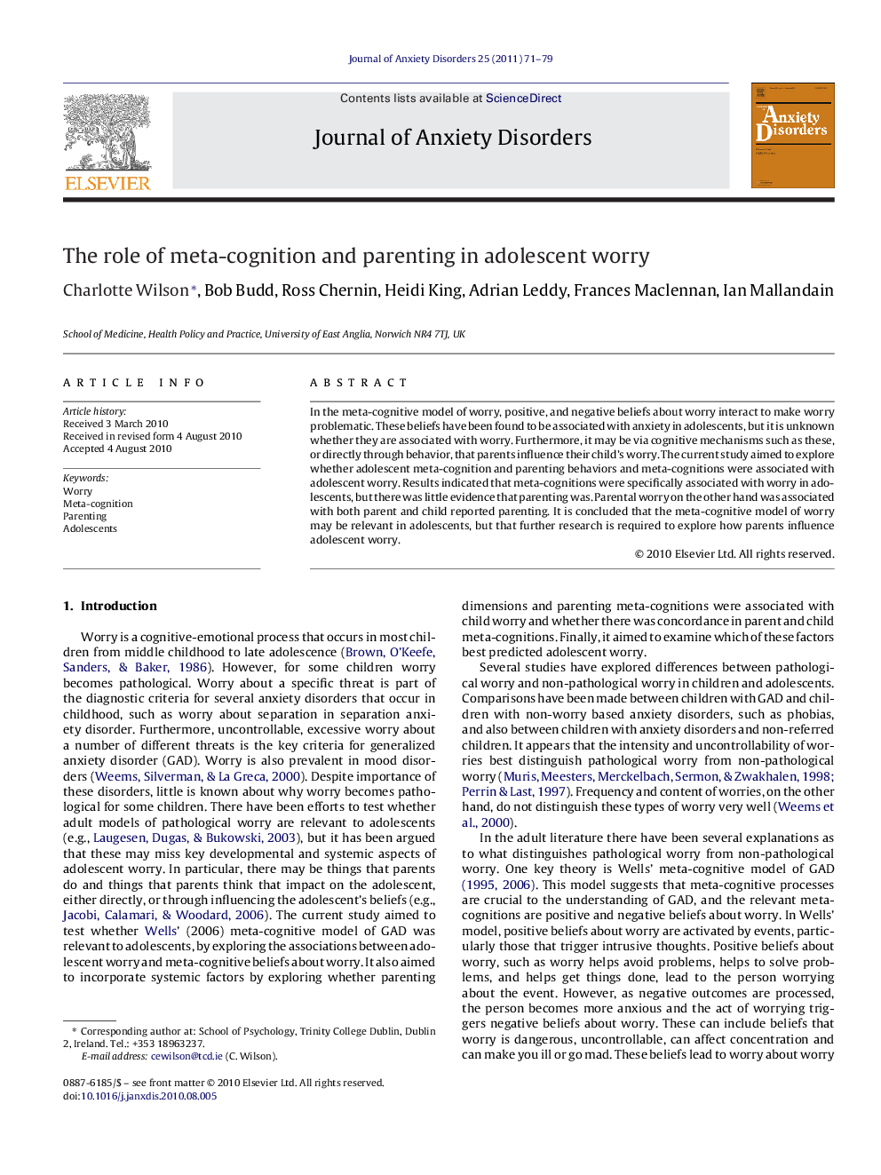 The role of meta-cognition and parenting in adolescent worry