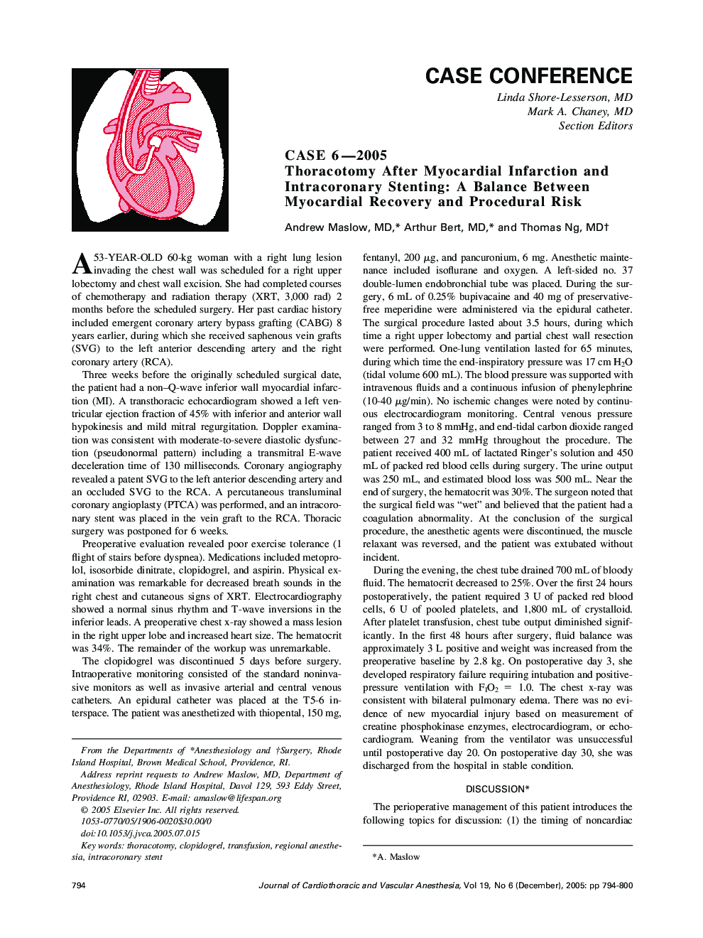 Case 6-2005 Thoracotomy After Myocardial Infarction and Intracoronary Stenting: A Balance Between Myocardial Recovery and Procedural Risk