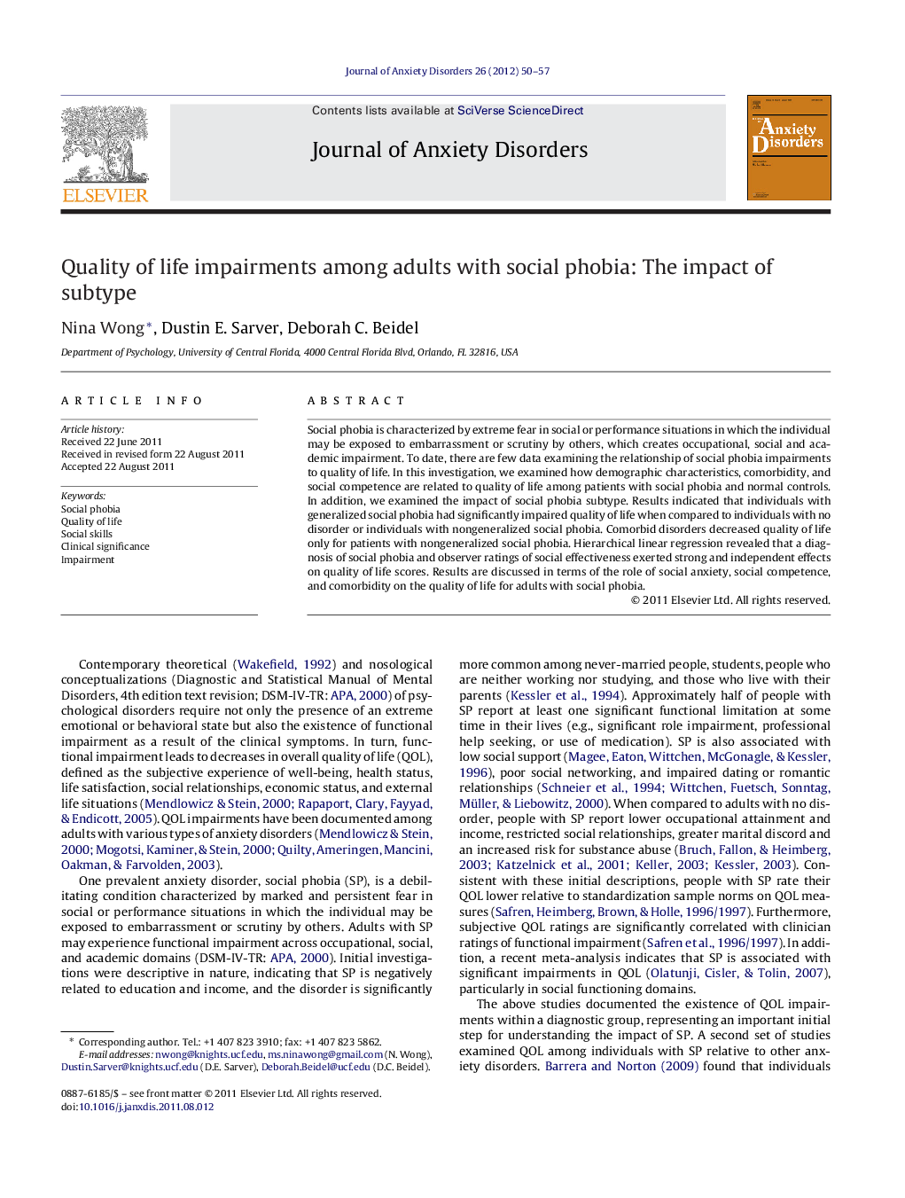 Quality of life impairments among adults with social phobia: The impact of subtype