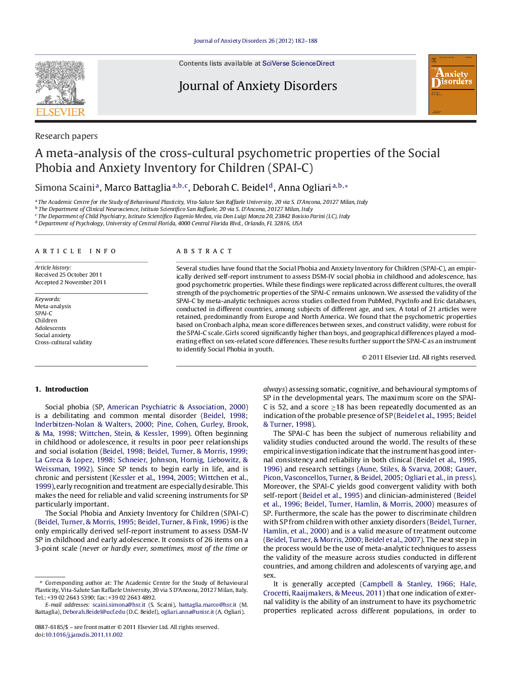 A meta-analysis of the cross-cultural psychometric properties of the Social Phobia and Anxiety Inventory for Children (SPAI-C)