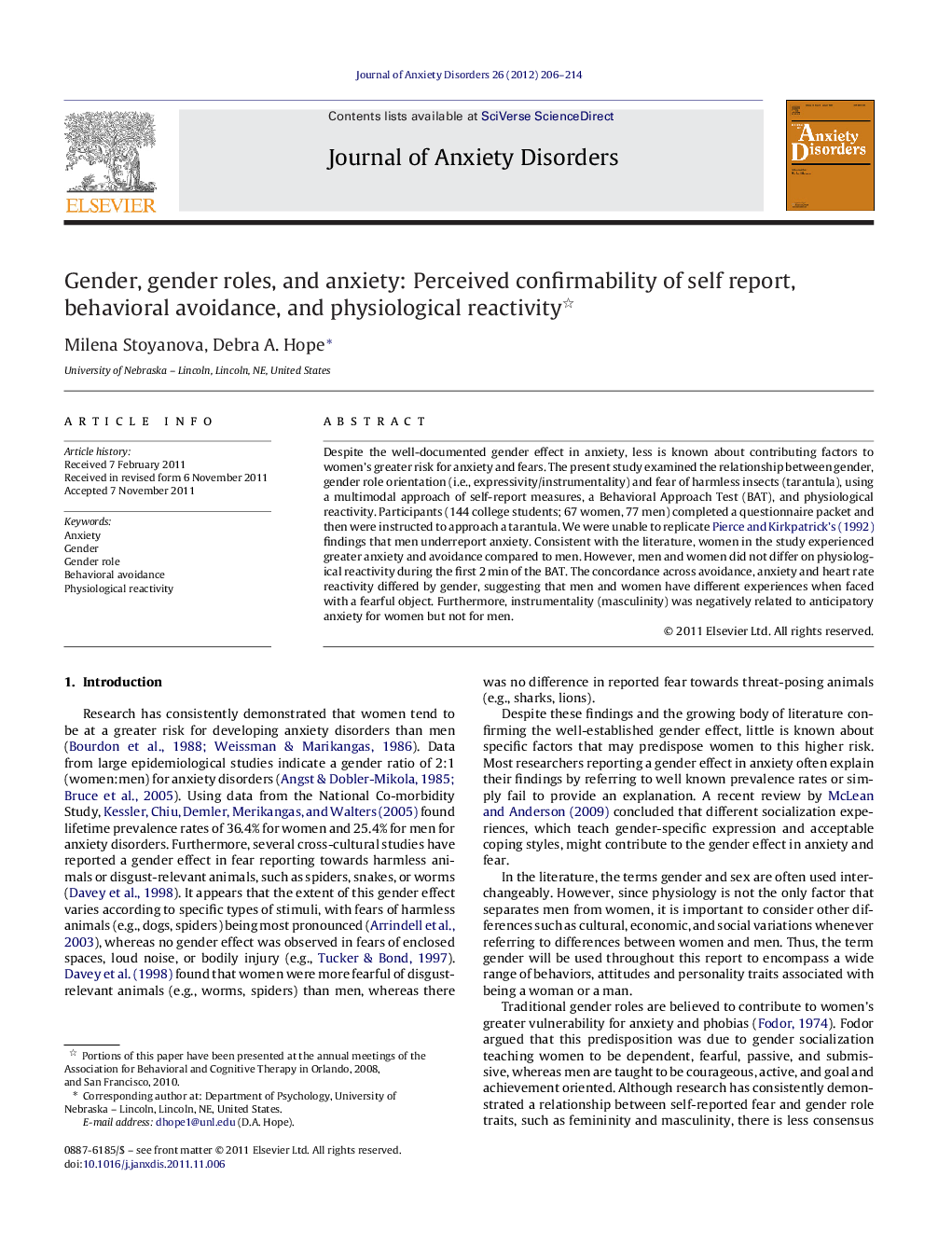 Gender, gender roles, and anxiety: Perceived confirmability of self report, behavioral avoidance, and physiological reactivity 