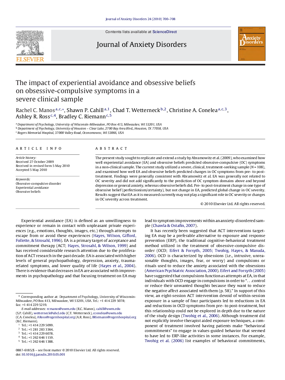 The impact of experiential avoidance and obsessive beliefs on obsessive-compulsive symptoms in a severe clinical sample