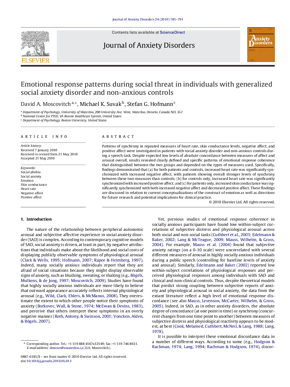 Emotional response patterns during social threat in individuals with generalized social anxiety disorder and non-anxious controls