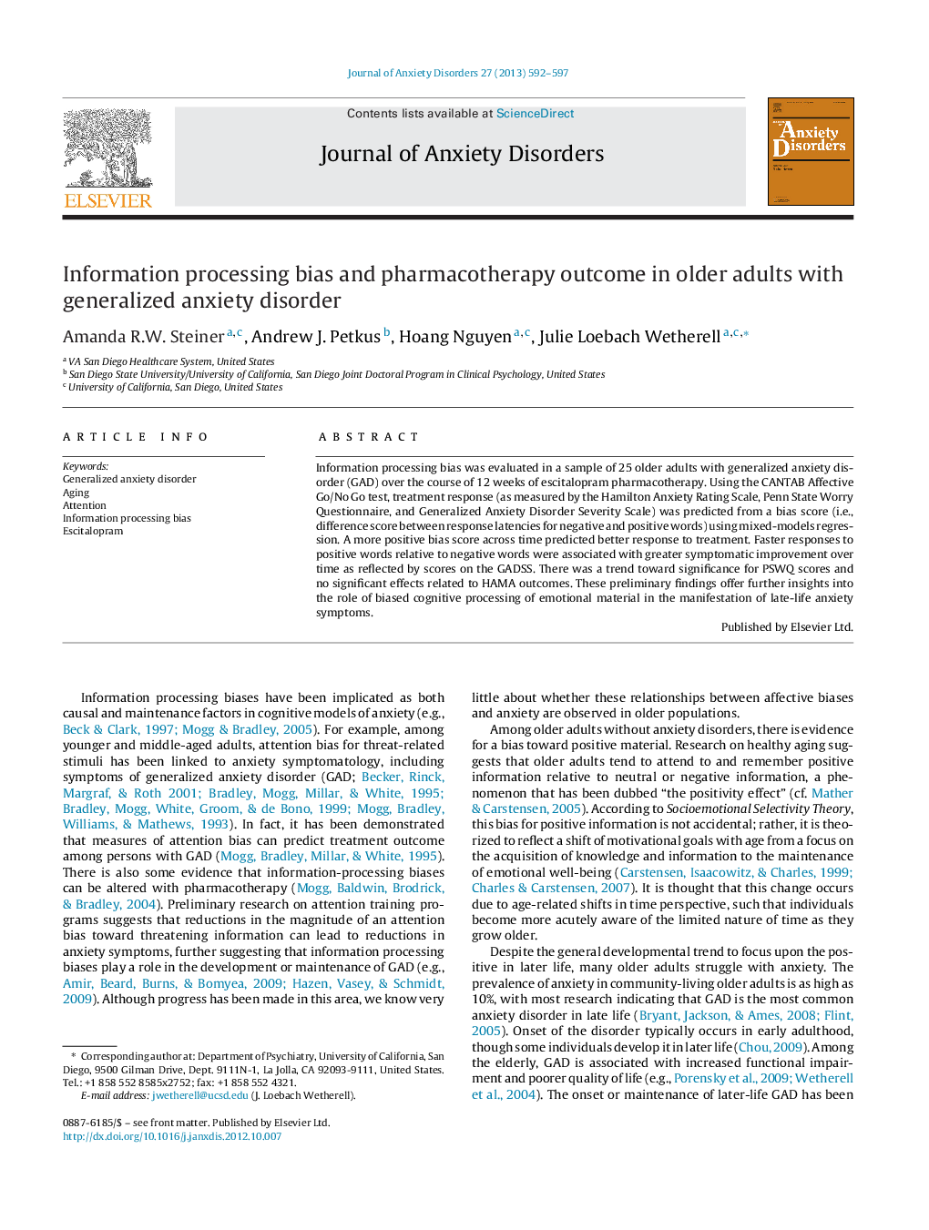 Information processing bias and pharmacotherapy outcome in older adults with generalized anxiety disorder