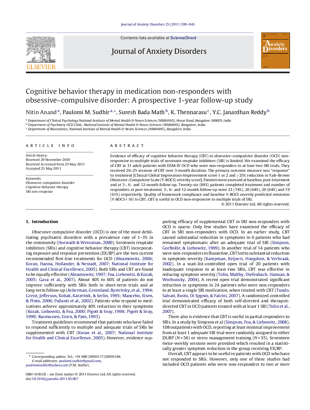 Cognitive behavior therapy in medication non-responders with obsessive–compulsive disorder: A prospective 1-year follow-up study