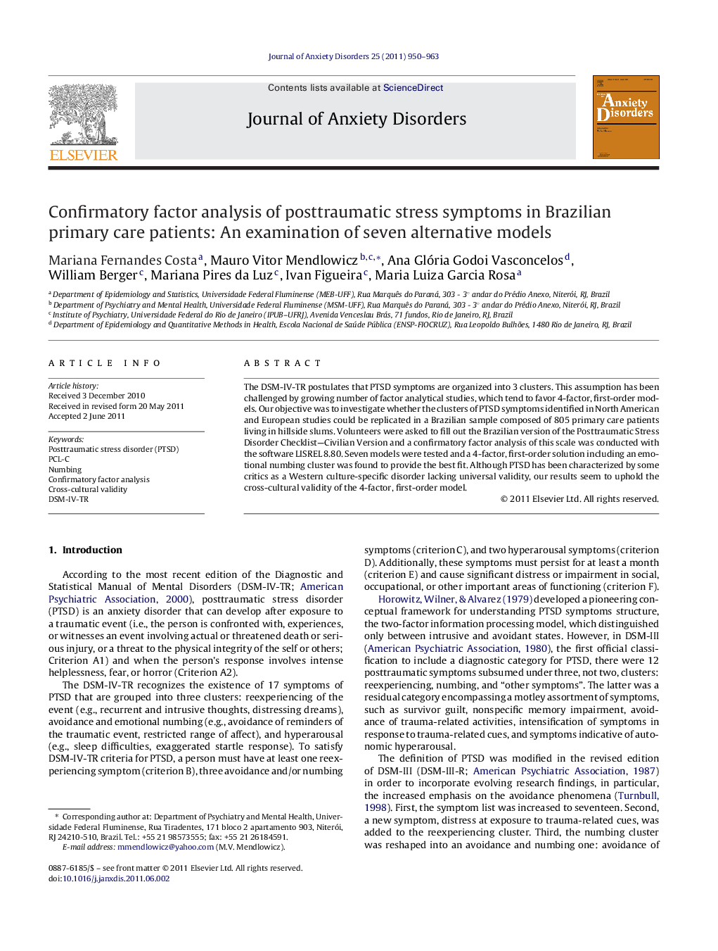 Confirmatory factor analysis of posttraumatic stress symptoms in Brazilian primary care patients: An examination of seven alternative models