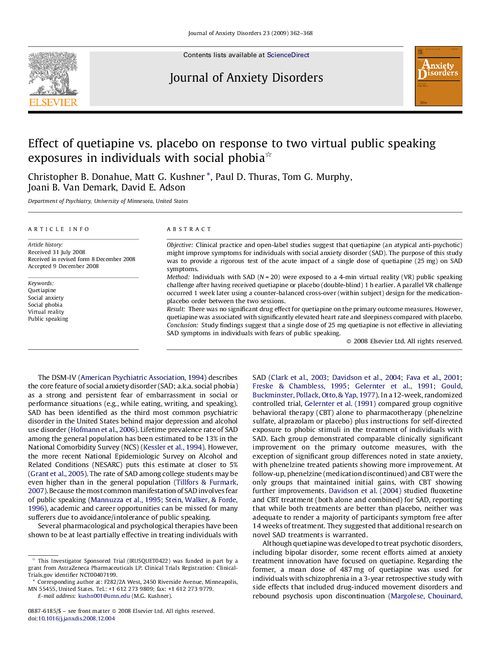 Effect of quetiapine vs. placebo on response to two virtual public speaking exposures in individuals with social phobia 