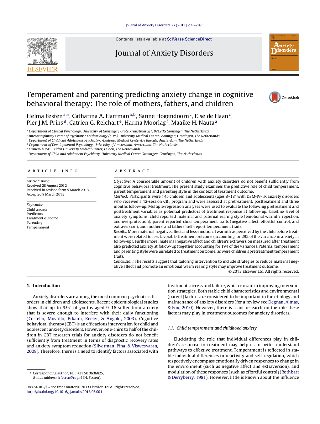 Temperament and parenting predicting anxiety change in cognitive behavioral therapy: The role of mothers, fathers, and children