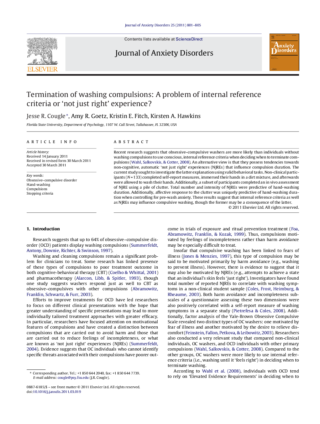 عکس صفحه اول مقاله: Termination of washing compulsions: A problem of internal reference criteria or ‘not just right’ experience? Termination of washing compulsions: A problem of internal reference criteria or ‘not just right’ experience?