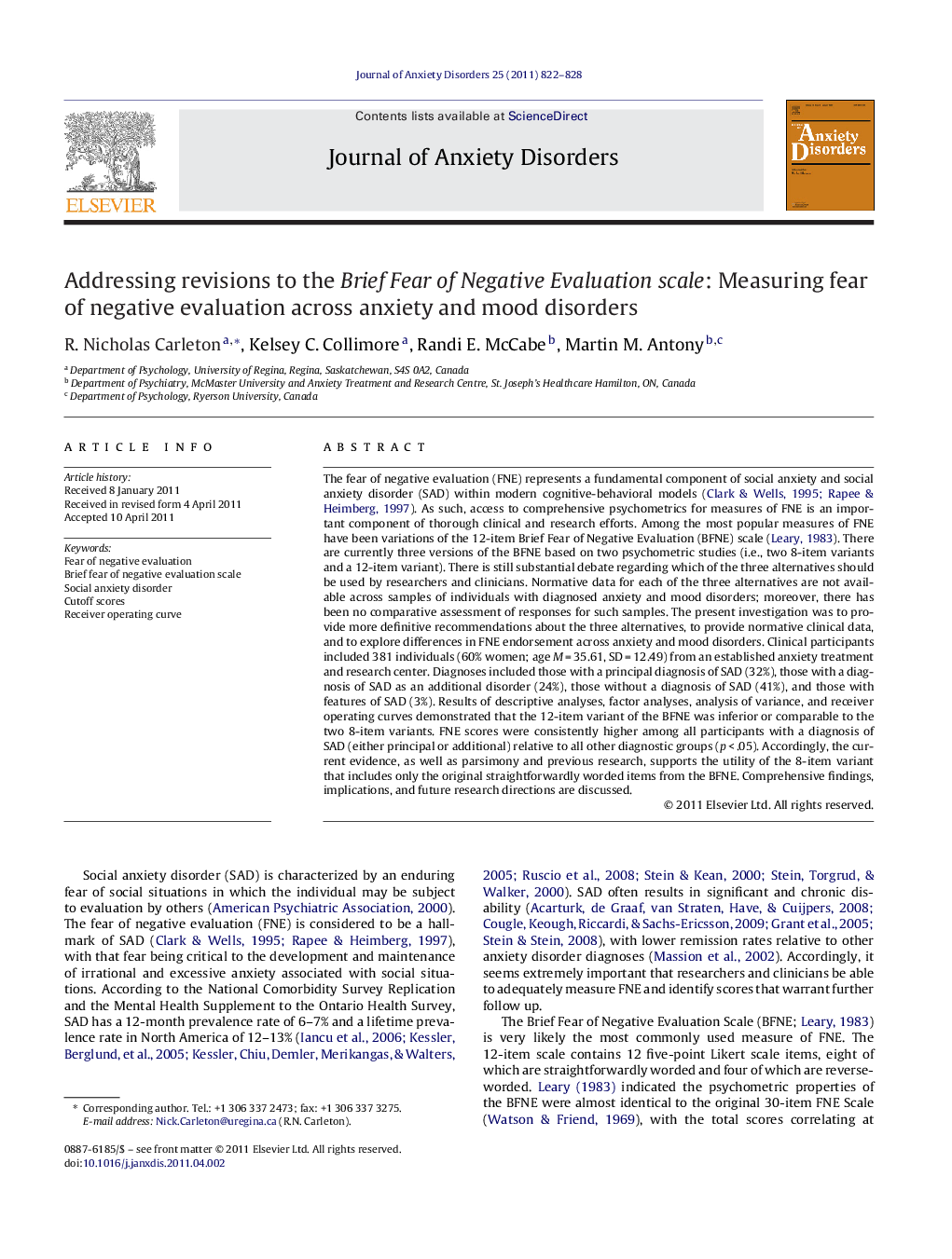 Addressing revisions to the Brief Fear of Negative Evaluation scale: Measuring fear of negative evaluation across anxiety and mood disorders